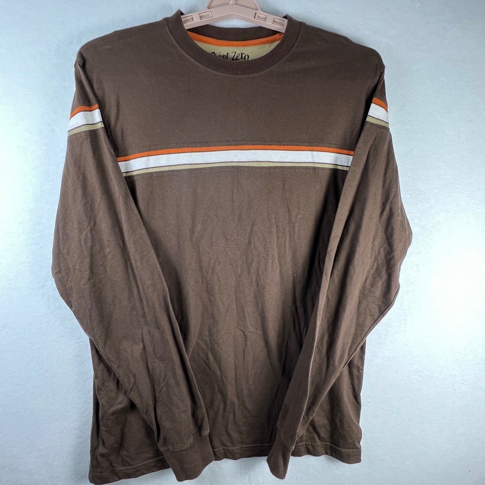 Point Zero Mens L Brown Striped Long Sleeve Shirt Y2K Skater‎ Surfer Retro